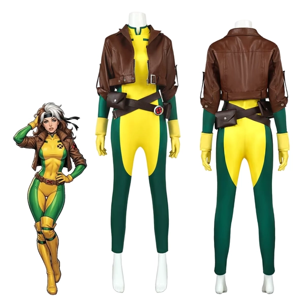 Costume da Cosplay X-Men Rogue per Donna Adulta, Tuta da Supereroe Gialla con Giacca Marrone, Outfit per Halloween, Carnevale e Comic Con