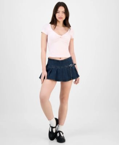 Juniors' Pleated Denim Mini Skort