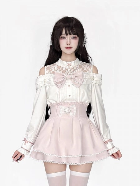 Pink & White Lace Panel Cutout Shoulder Long-Sleeve Blouse