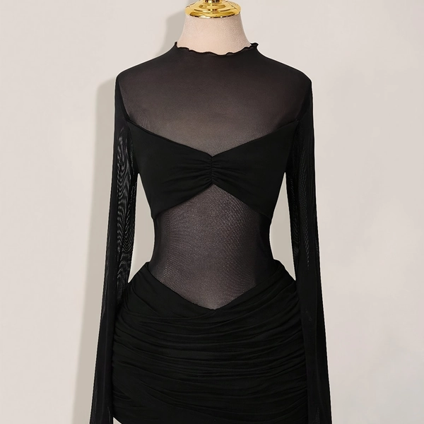 's Sheer Mesh Mini Dress with Keyhole Neckline & Short Sleeves - A-Line -Length Collar-like Panel, Round Neck Short Hem Formal/Casual Party Dress - Machine Washable Black Elegant Dress for Year-Round Wear