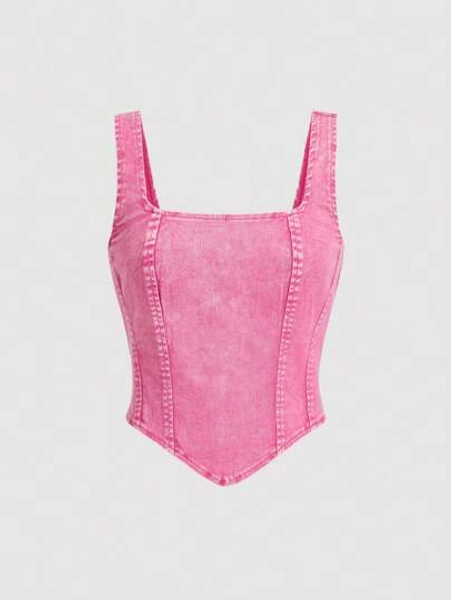 SHEIN MOD Top en denim décontracté sans manches à encolure carrée et ourlet asymétrique pour femmes