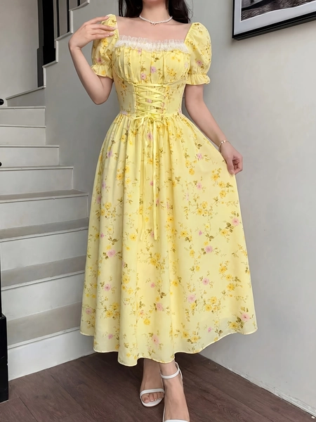 romantic flower dress lace collar long