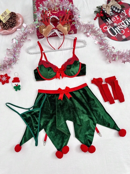 Elf Lingerie 5pcs Christmas Velvet Bow Lingerie Set