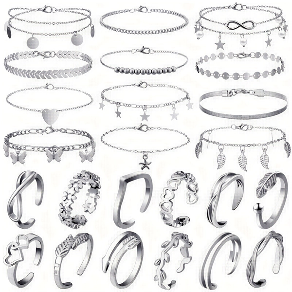 TEMU 24pcs Anklet And Toe Ring Set For Women Silvery Golden Layered Anklet Chain Adjustable Open Toe Ring Foot Jewelry(silvery)