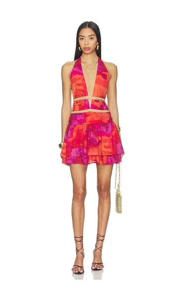 Runaway The Label Xylia Halter Low Plunge Mini Dress in Orange,Purple. - size XS