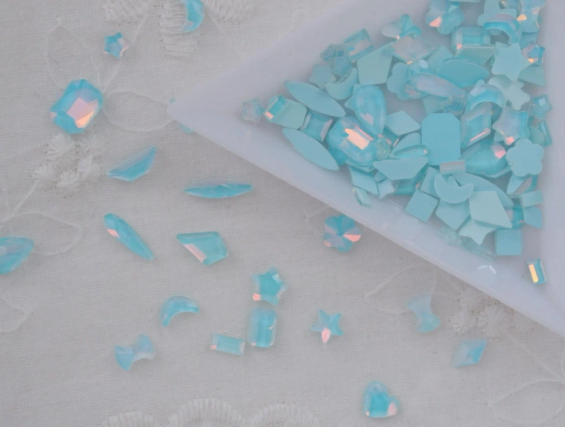 6mm-11mm Kawaii Pastel Blue Iridescent Mix Shape Flower Star Heart Marquis Rhinestone Flatback Decoden Cabochon Nail Art - set of 50