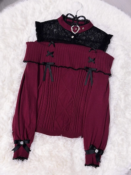 [$62.00]Illusion Buckle Neckline Sweater: Jirai Kei Wine Red Knit with Open Shoulder Design