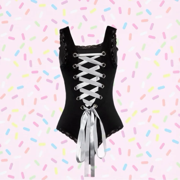 'Cursed' Black and White Bodysuit with Lace up Back