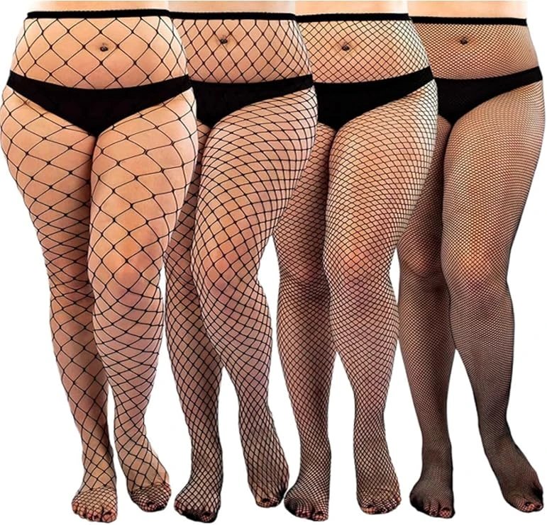 Sksshion Women's 4 Pairs Plus Size Fishnet Tights Stockings High Waist Suspender Pantyhose, Black, One Size Plus Tall : Amazon.ie: Fashion