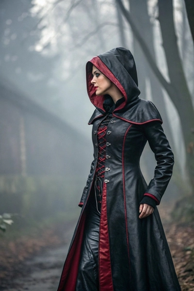 Gothic Black & Red Hooded Leather Coat – Women’s Long Steampunk Trench Jacket