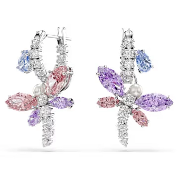 Ariana Grande x Swarovski drop earrings, Mixed cuts, Dragonfly, Multicoloured, Rhodium plated