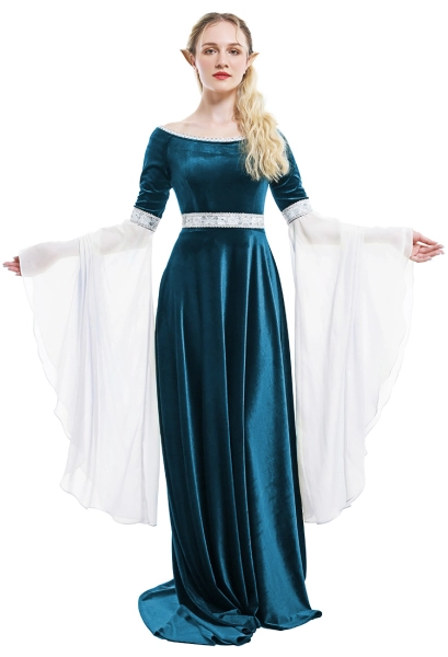 Renaissance Medieval Dress Handmade Vintage Forest Fairy Elf Velvet Blue Evening Dress Cosplay Costume