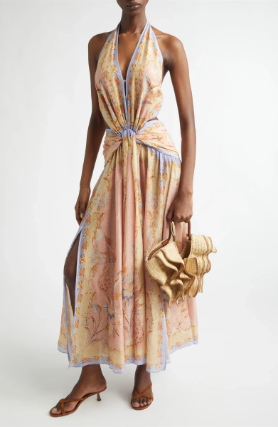 Indra Metallic Stripe Print Silk & Cotton Halter Maxi Dress