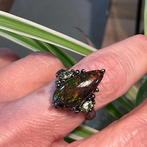 sterling silver Natural black red mesmerizing Fire Opal ring 7.5