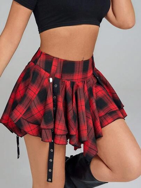 Rave Street Y2K Preppy Plaid Flared Skirts Hottie Tape Detail Asymmetrical Double Layer Hem Side Zipper Casual Comfy High Quality Back To School For Women