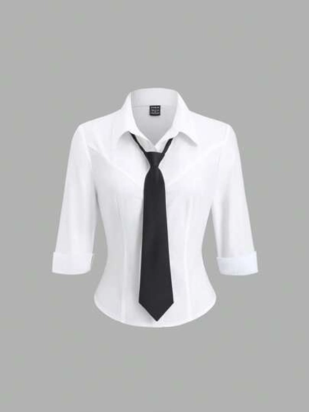Sweetra Women's Business Casual Stylish Shirt With Tie, Fitted Waist, 3/4 Sleeve, Versatile Office Wear