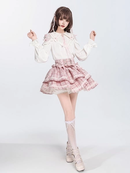 [$42.00]Jirai Kei Heart Rhinestones High Waist Pink Plaid Skirt with Bow Accents