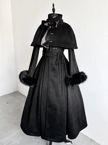 Black Winter Gothic Lolita High Collar Woolen Coat with Cape and Detachable Furry Cuffs