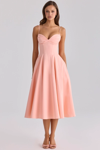 Dahlia Peach Cotton Pleated Midi Sundress
