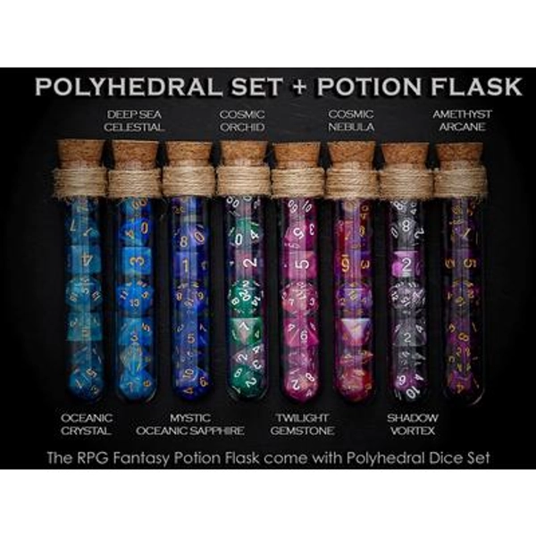 Polyhedral Dice Set of 7 with RPG Fantasy Potion Flask- D&D DnD TRPG MTG