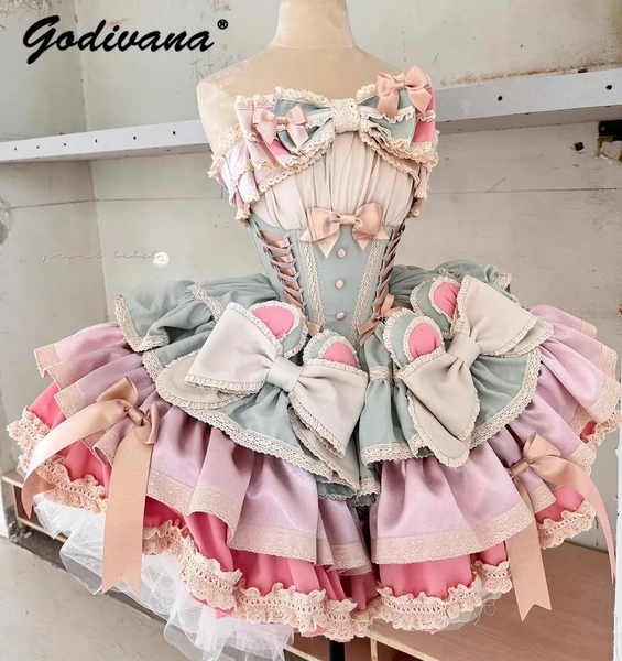 New Girls Birthday Lolita Dress 2026 Spring and Summer Women's Tube Top Satin Bowknot Slim Pettiskirt Short Mini Party Dress