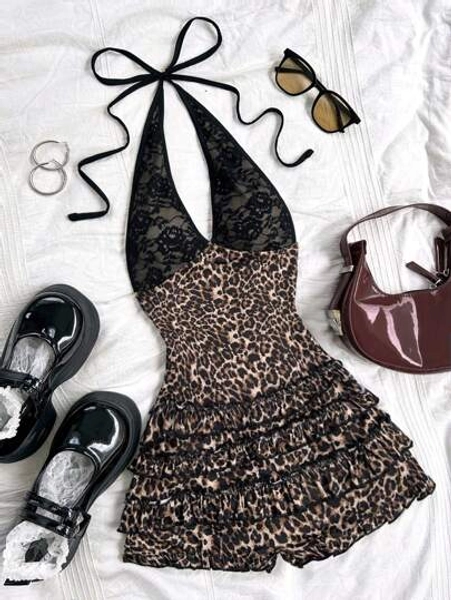 Soleia Multicolor Vintage Lace V-Neck Halter Tied Leopard Print Pleated Ruffle Hem Romantic Casual Vacation Vintage Women's Jumpsuit