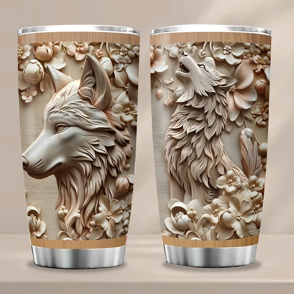 TEMU 20 Oz Stainless Steel Wood Grain Wolf Insulated Coffee Cup - Perfect Gift For
