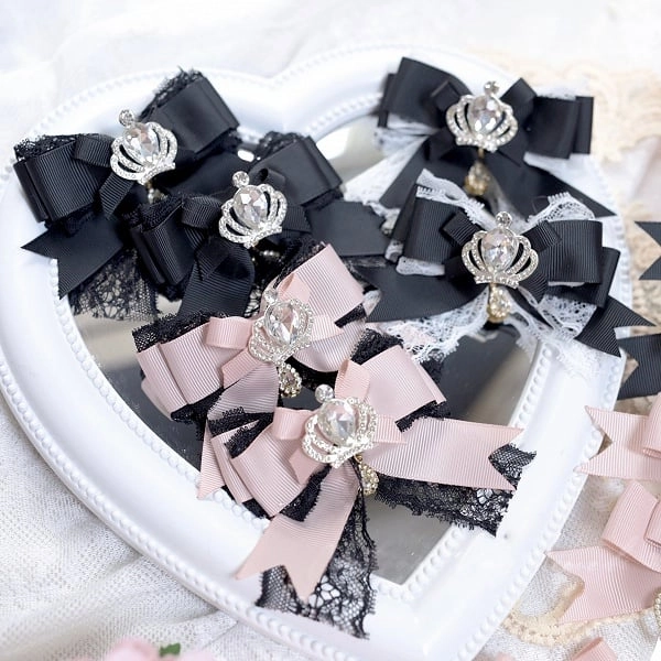 [$14.99]4 Colors Jirai Kei 3D Rhinestone Crown Lace Bow Hair Clip