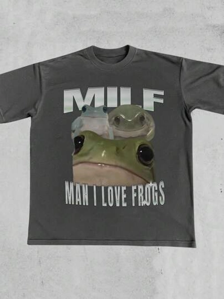 Funny Frog Meme Graphic Crew Neck Short Sleeve Casual Loose Women Top, Suitable For Spring And Summer, Daily Wear