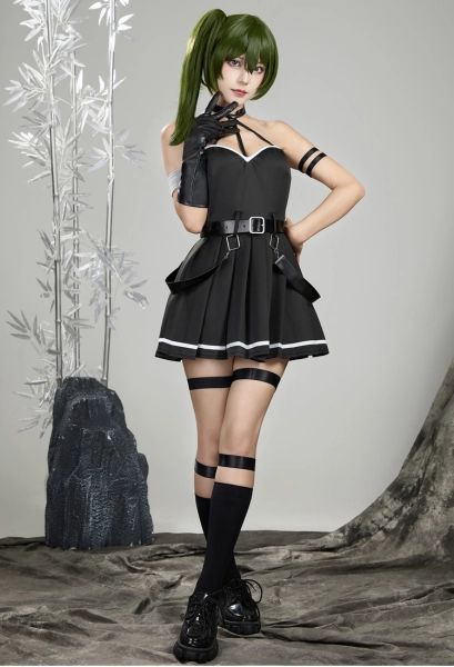 Frieren: Beyond Journey's End Übel Cosplay Costume Black Halter Dress and Armbands with Leg Garter and Ankle Socks