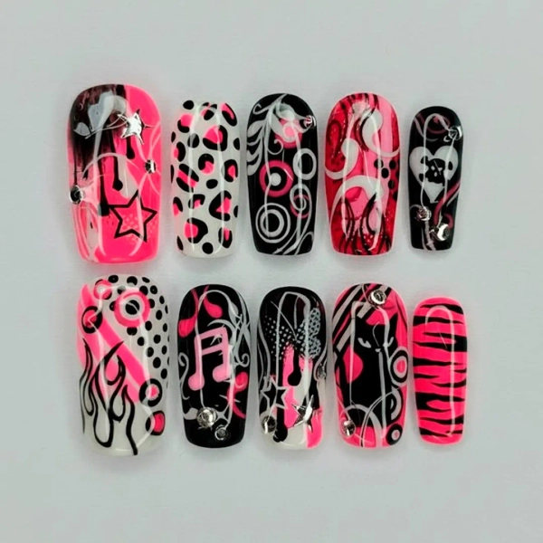 Y2K Pink & Black Press on Nails, Hand Painted Music Art, Leopard Print - Etsy
