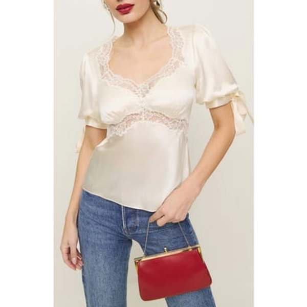 Reformation Dolly Lace Trim Silk Charmeuse Top in Fior Di Latte at Nordstrom, Size 2