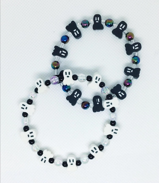  Creepy Kawaii Goth Black and White Clay Ghost Beaded Candi Bracelets