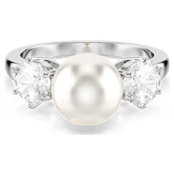 Matrix cocktail ring, Crystal pearl, Round cut, White, Rhodium plated