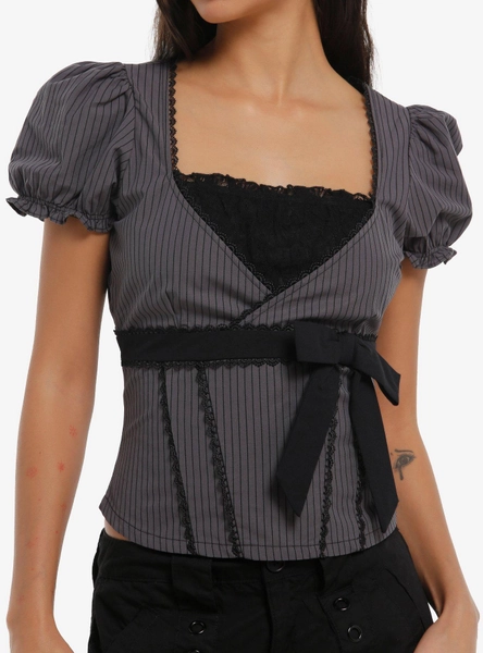 Thorn & Fable Black & Grey Pinstripe Girls Puff Sleeve Top