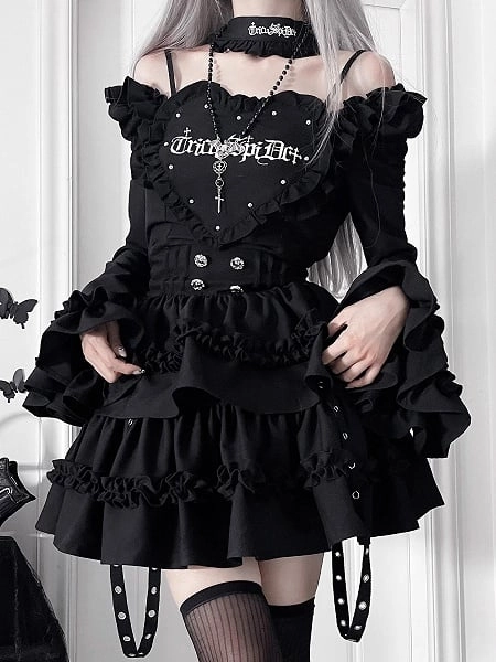 [$82.00]Black Gothic Off-the-shoulder Neckline Letter Print Bell Sleeves Dress