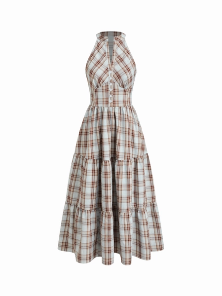 Plaid Halter Neckline Tiered Ruffle Button Midi Dress