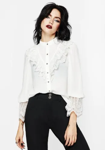 €70 Disturbia Constance Lace Frill Button Up Blouse Top