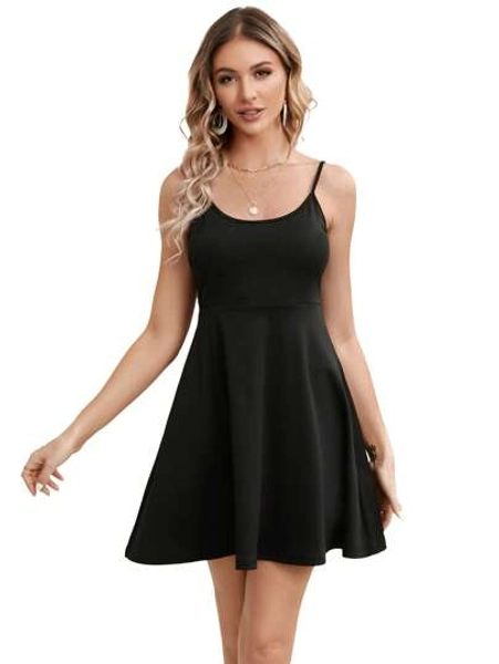 SHEIN LUNE Solid Flare Hem Cami Dress, Semi Formal Dress