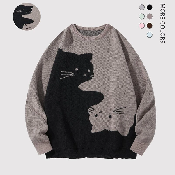 #Springfresh Love Men's Cartoon Cat Jacquard Round Neck Sweater Loose Casual Long Sleeve Knitted Sweater Autumn/Winter Fashion Men's Knitted Sweater Daily Wearing Pullover Top Same Style for Men and Women Party Leisure Halloween Academy Style Work Outdoor