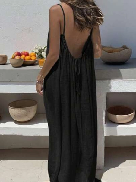 Plus Size Women Solid Color Open Back Tie-Up Loose Long Casual Dress - Size 5XL