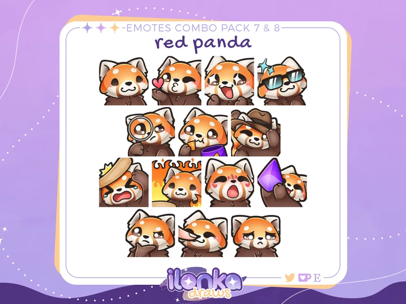 Panda roux | Pack d'émoticônes Twitch/Discord 7 et 8 (ensemble de 14)