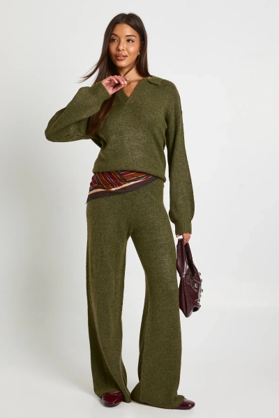 Super Soft V Neck Collared Knitted Jumper and Straight Leg Trouser Co-Ord
