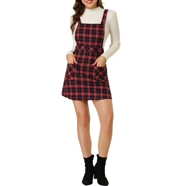 INSPIRE CHIC Women's Plaid Button Decor A-Line Pinafore Overall Dress L Red