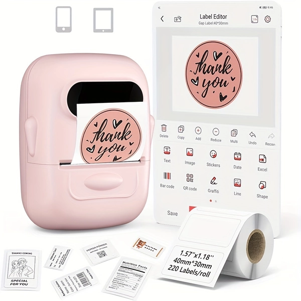 TEMU Portable Wireless Thermal Label Maker, Mini Sticker Printer With 1 Roll Label Tape, No Ink Required For Home, Kitchen, Office, School, Storage,
