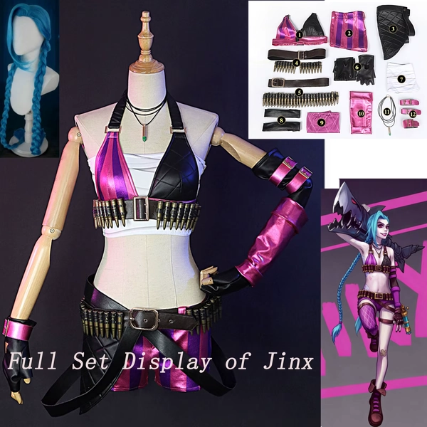 Costume Cosplay Completo di Jinx da League of Legends, Outfit Viola e Rosa con Treccia Blu, Parrucca e Accessori Completi per Halloween