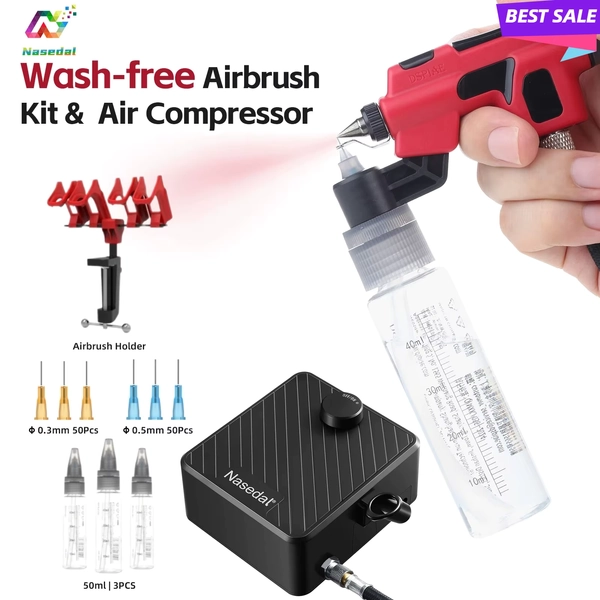 DSPIAE PT-AB Wash-Free Airbrush Kit 】with Nasedal 40PSI Auto-Stop Compressor