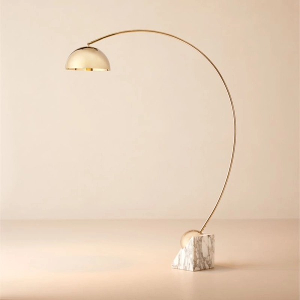Venus Champagne Brass Arc Floor Lamp with White Marble Base
