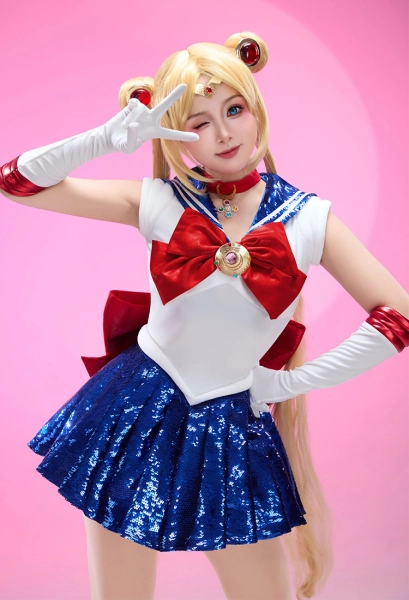 Sailor Moon Usagi Cosplay Costume Stage Version Dress with Gloves and Hair Accessories