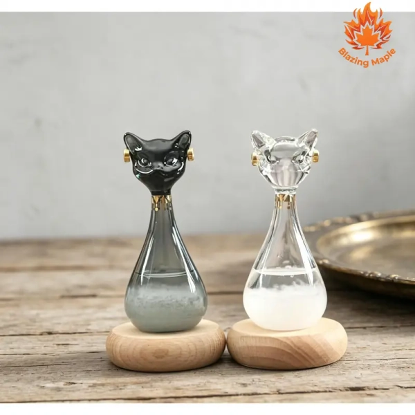 Cat Storm Glass Weather Predictor with Beech Wood Base